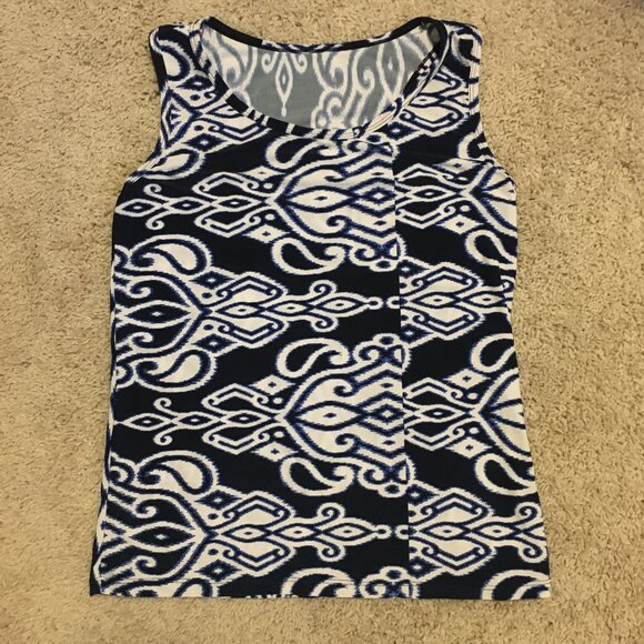 Tribal Print Navy Blue and White Stretchy Tank Top - Picture 8 of 11